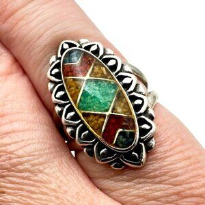 American West Carolyn Pollack Multi Gemstone Inlay Sterling Silver Ring Size 6